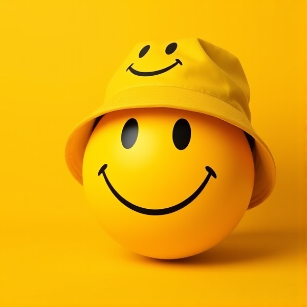 A yellow smiley face wearing a yellow bucket hat with a smiley face on it and black shades in a yellow background