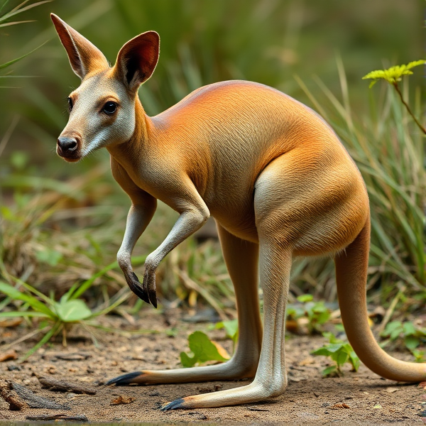 Anatomically accurate chimera with the head and upper body of a kangaroo seamlessly blended onto the lower body of a pig, standing in a natural setting, with realistic textures and proportions