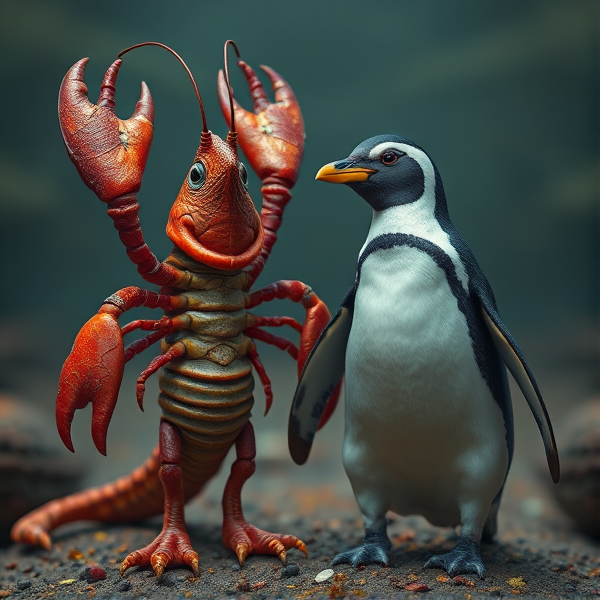 Two creatures with a lobster's exoskeleton and a penguin's white belly.