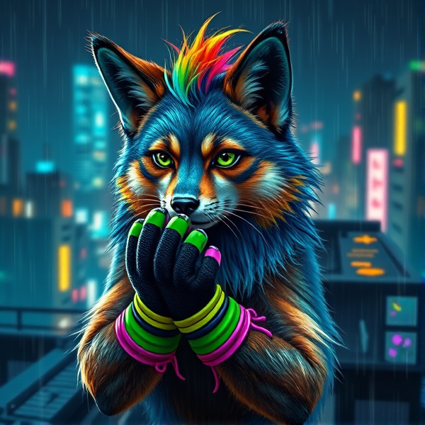 Unique fursona cat dog fox wolf blue and brown furry with scenecore gloves and rainbow hair tuft, brightly coloured bracelets over the hands. Green paw pads