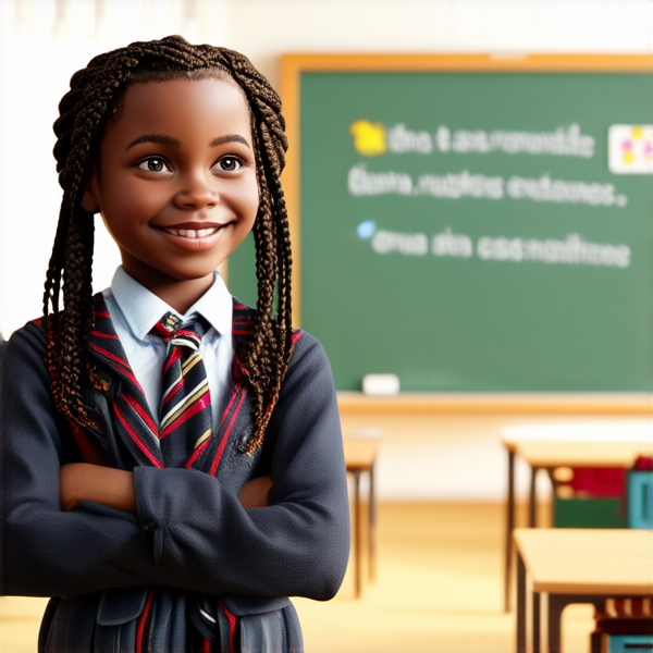 jeune fille noire de 10 ans, vêtue d'un uniforme scolaire des tresses africaines, debout souriante et concentrée devant un tableau noir rempli de regles d'orthographe en français  dans une salle de classe ensoleillée et colorée avec des bureaux en bois et des affiches éducatives sur les murs