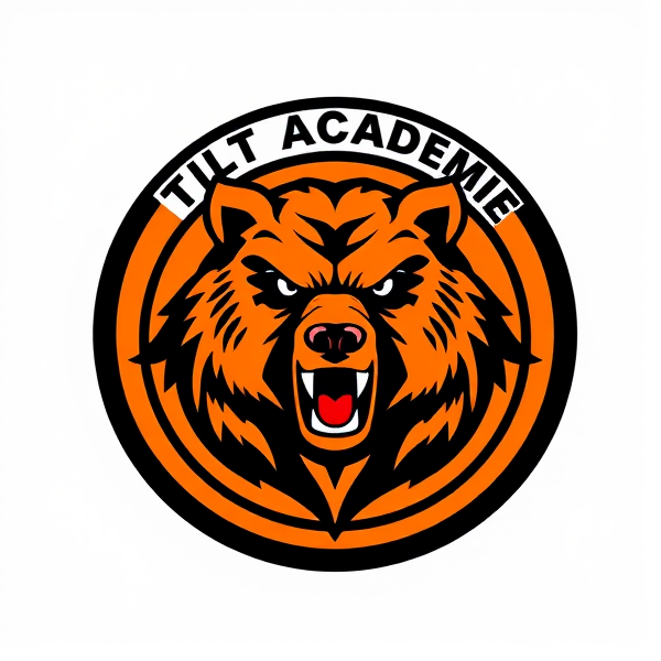Logo d'équipe de soccer dynamique avec un grizzly féroce comme emblème central, couleurs dominantes orange et noir, forme circulaire avec une bordure noire épaisse, texte "Tilt Académie" en caractères audacieux encré à l'entoure sur le haut du cercle, fond stylisé évoquant le mouvement et la passion du sport, des éléments de football subtils intégrés dans le design