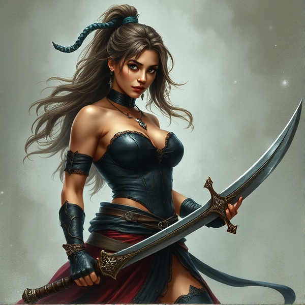 Half witch half swordswoman mixed and muscular woman