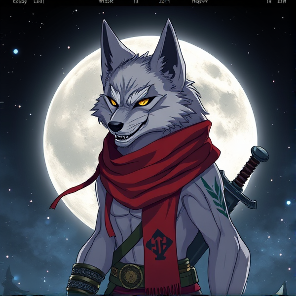 Loup roublard maitre de la lune avec un écharpe rouge autours du cou et avec deux épées dans le dos et un tatoo ecris Lego