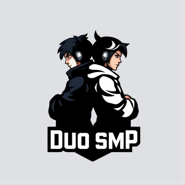 Duo smp logo with dark gaming aesthetic, featuring two stylized characters or avatars back to back, incorporating elements of cooperation and strategy, with a modern font for the text "Duo SMP"