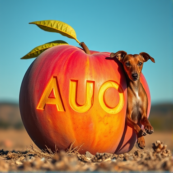 Big ripe peach in the landscape with the letters "AUO" carved out. with a sleek brown Italian greyhound perched alongside, set against a clear blue sky.