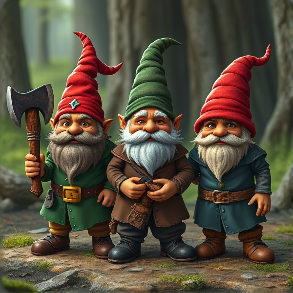 Make a picture of three gnomes one called Brawly the muscly and kinda crazy one with his main weapon an axe then add frank the elder of the group who has a way for the dark arts and finally make crawly the leader gnome