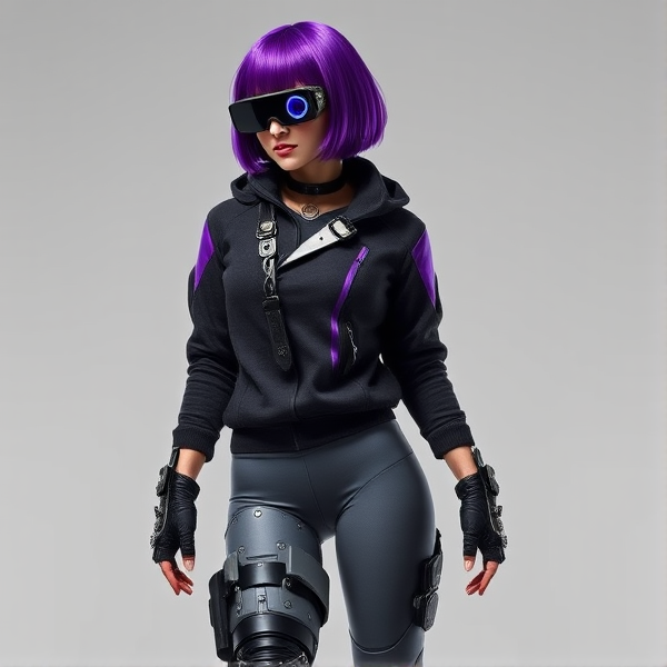 Generate molly, Molly’s appearance is a striking blend of futuristic technology and street-smart style, perfectly suited for her life as a stealth operative. Her vibrant purple bob-cut hair contrasts sharply with the sleek, matte-black headset and AR monocle she wears, allowing her to access real-time data and enhanced vision modes. Her jacket, black with purple and silver accents, is both lightweight and durable, equipped with hidden compartments and sensors that keep track of her vitals and surroundings.
A complex leg brace device on her left leg provides both support and enhanced agility, equipped with mini-servos and sensors that adapt to her movements. This high-tech brace is seamlessly integrated over her grey, nanofiber-reinforced yoga pants, allowing her to jump higher, run faster, and maintain perfect balance. Molly’s boots are designed for stealth, with noise-cancelling technology that ensures silent movement across any terrain.
Molly’s gear is completed with advanced wearable technology on her arms and hands, including multi-functional gloves with haptic feedback and wrist-mounted devices that serve as control panels and defensive tools. Her utility belt and metal choker are both stylish and functional, holding essential tools and serving as a communication device. Molly’s look is a perfect fusion of style, advanced technology, and practicality, enabling her to execute missions with precision and flair.