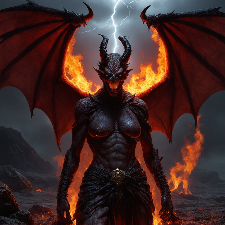 Démon terrifiant émergeant des flammes infernales, avec des cornes torsadées, des ailes membraneuses de chauve-souris et une peau rougeâtre couverte de marques occultes. L'arrière-plan est un paysage désolé du royaume souterrain, rempli de lave en fusion et de roches noircies par le soufre. Des éclairs illuminent le ciel tourmenté.