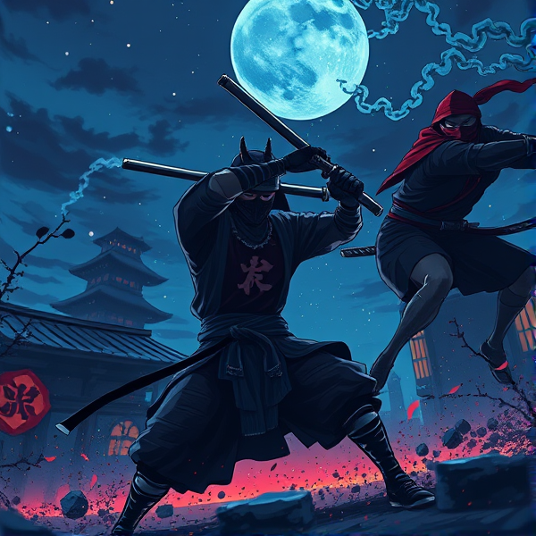 One samurai is fighting against two ninjas at once in a intense battle at night