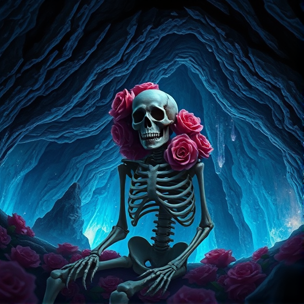 Fait une image sombre . Un grotte , un grotte éclairéé par des cristaux magique au niveau de la parroi de la grotte , au millieux , il y'a un squellette recouvert de vielle rose rose , je veux que ça soit triste , le squellette pleure du sang