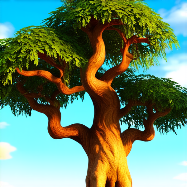 majestueux baobab aux feuilles vertes luxuriantes, éclairé par une douce lumière dorée du matin, ciel bleu clair en arrière-plan avec quelques nuages légers