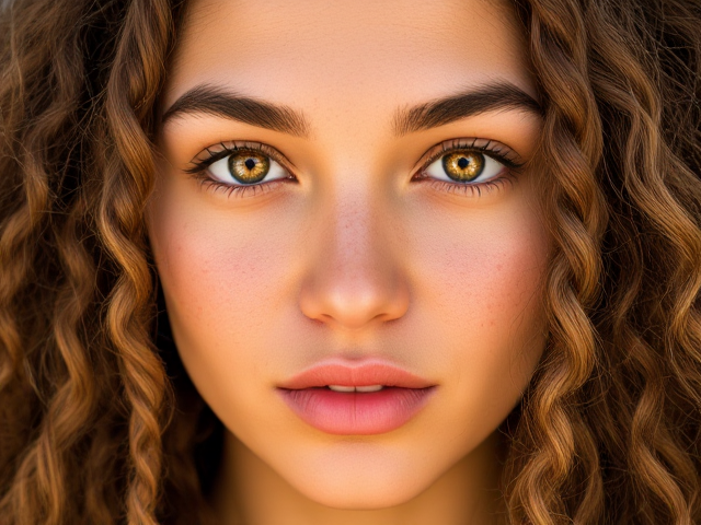 imagine a race with tan skin that has a light brown honey glow, curly hair cascading in luscious braided locks, plethera of freckles across the bridge of the nose and cheeks, piercing yellow sand-colored eyes that resemble polished amber with flecks of golden light reflecting within them, and the best features from every race such as high cheekbones, full lips with a perfect cupid's bow, a straight and elegant nose, and a well-defined jawline creating an epitome of diverse beauty