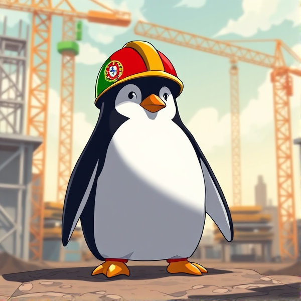 Pingouin dans un chantier avec le drapeau Portugais sur le casques