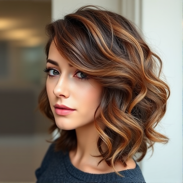 Generate an image of a curly lob that would suit an oval face shape. Make the parting off center (on the right side of the face) and no forehead covering