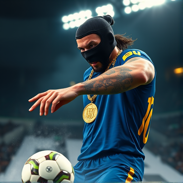 Zlatan Ibrahimovic déchaînant une frappe puissante sur un ballon de football, ses muscles saillants accentués par l'éclairage dramatique du stade. Il porte un masque de ski noir aux reflets métalliques qui donne à son regard une intensité redoutable, et une chaîne en or massif ornée d'un médaillon représentant le lion suédois repose lourdement sur son torse. À son doigt, un anneau d'or serti d'une pierre précieuse scintille avec autorité. Autour de lui, une brume épaisse enveloppe le terrain, ajoutant un effet de mystère tandis que des projecteurs puissants percent la pénombre, révélant des silhouettes floues dans les gradins. Le numéro 10 est clairement visible et lumineux au dos de son gilet bleu et jaune éclatant qui arbore fièrement les couleurs suédoises, soulignant ses racines patriotiques. Sa posture est celle d'un prédateur prêt à bondir, dominant les adversaires invisibles autour de lui. Son visage est marqué par la concentration extrême et la détermination féroce typique d'Ibrahimovic en pleine action. Sur ses bras tatoués se détachent des dessins complexes racontant ses exploits passés. Ses yeux perçants semblent émettre un éclat métallique tel deux fusils prêts à tirer sur quiconque oserait s'opposer à lui, sous une pleine lune argentée qui ajoute au décor une touche surnaturelle presque théâtrale.