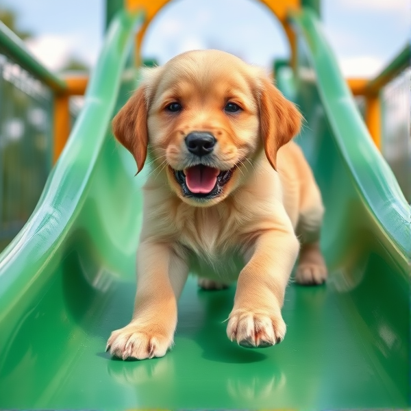 Bebe golden retriever sur un toboggan vert