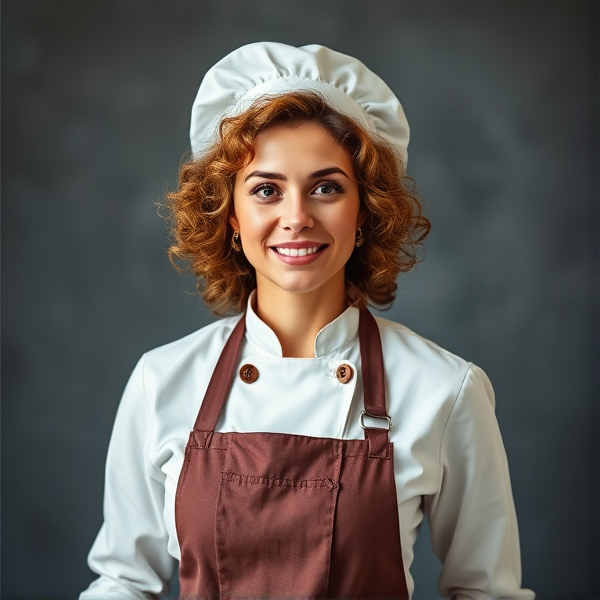 White woman with brown curly hair in a chefs outfit for the cover of a cook book