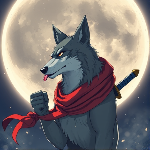 Loup roublard maitre de la lune avec un foulard rouge autours du cou et avec deux épées dans le dos