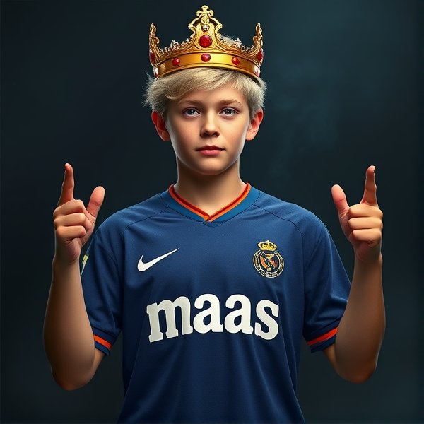 can you make me a picture of a 17 year old boy with blonde hair controlling the globe with a royal crown and a jersey that says the last name “maas” in all bold and capitol letters