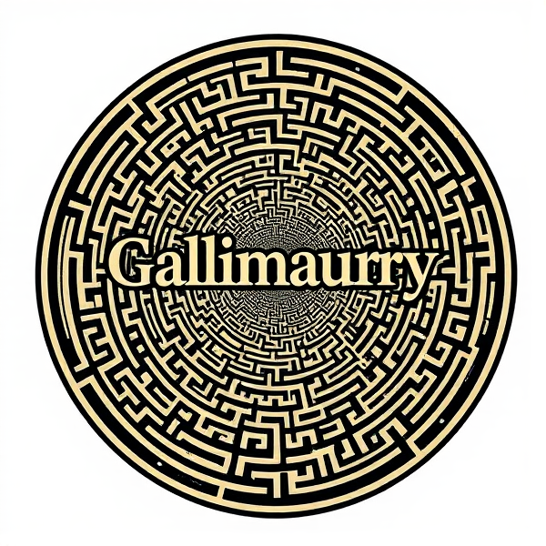 Create an intricate t-shirt design featuring the title "Gallimaufry" prominently at the center, surrounded by a complex labyrinth pattern that subtly morphs into a visually engaging optical illusion which reflects themes of Puzzle and Paradox. The design should be cohesive, thought-provoking, and have a touch of mystery to align with the journal's theme for this year. Include the words “puzzle” and “paradox” in the design