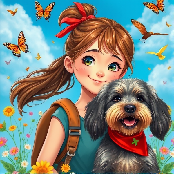 Book cover with a lively 10-year-old girl and a brown ponytail, red ribbon, twinkle in her eyes. Blue sky background with butterflies, colorful flowers, birds, and a joyful dark cream small shaggy dog with long floppy ears with a red bandana. Elements of adventure. Style reminiscent of realistic hand-drawn art.