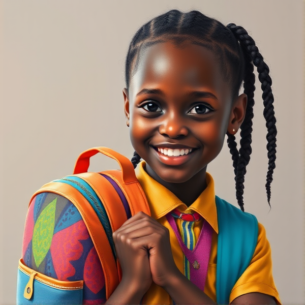 Jeune fille africaine de huit ans avec des tresses traditionnelles, vêtue d'un uniforme scolaire multicolore et joyeux, souriante et tenant fermement un cartable neuf et coloré