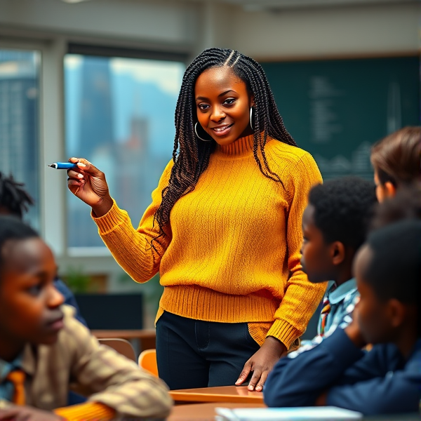 Une institutrice noire âgée de quarante avec des tresses africaines ans vêtue d'un pull jaune écrivant au tableau dans une salle de classe avec des élèves noires agés de huit ans