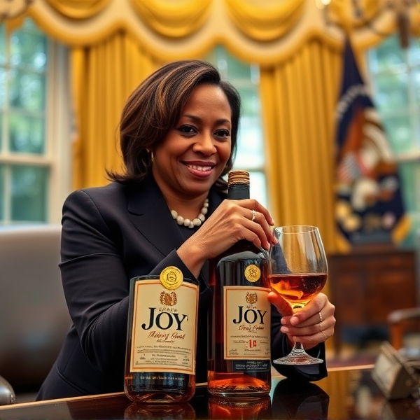 Kamala Harris cuddling a bottle of "Joy" cognac and a glass in the oval office.

Text: "No one is going to take my JOY!"