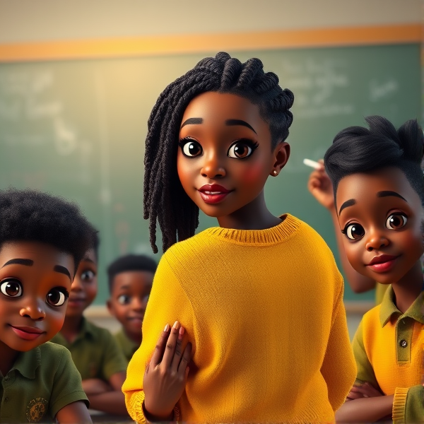 Une enseignante noire âgée de quarante ans coiffée de tresses africaines traditionnelles, portant un pull jaune  se tient le dos tourné en train d'y écrire à la craie blanche au tableau dans une salle de classe avec des élèves noires agés de huit ans.