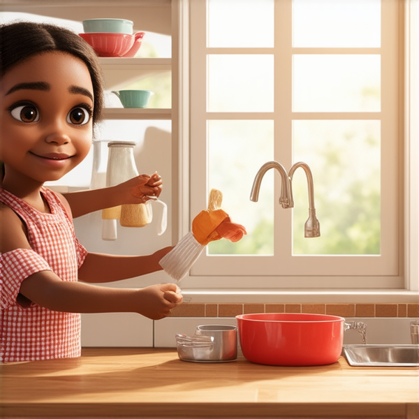 deux adolescents noirs de 14 ans vêtus de vêtements décontractés effectuant avec entrain des tâches ménagères dans une cuisine lumineuse et propre, leur petite sœur noire de 7 ans les aidant joyeusement à ranger la vaisselle propre sur les étagères, fenêtre ouverte laissant entrer la lumière du jour
