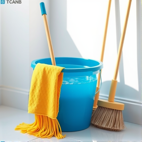 A meticulously arranged cleaning corner in a brightly lit room, featuring a shiny blue bucket filled with crystal-clear water, a neatly folded yellow mop resting beside it, a stiff-bristled scrub brush, and an upright broom with clean, natural straw bristles set against the wall. Soft shadows accentuate the textures of each object and the clean, tiled floor reflects the ambient light