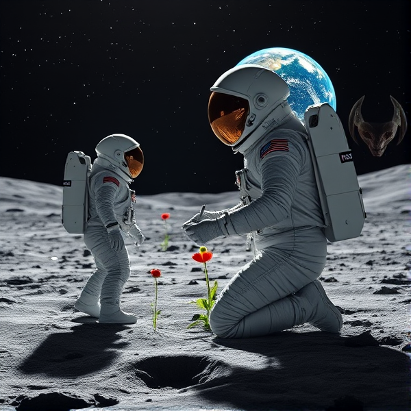 Trois astraunautes et un extraterrestre géant.astronaute méticuleux vêtu d'une combinaison spatiale très détaillée aux nuances de blanc perle et d'acier chromé, avec des marques distinctives fidèles à l'esthétique NASA et des éléments réfléchissants subtiles, se tient agenouillé dans une posture mesurée et symétrique sur le sol gris poussiéreux et richement texturé de la lune. La scène est baignée dans une lumière douce et diffuse émanant d'un ciel nocturne profond, constellé d'étoiles scintillantes dévoilant des constellations précises et un dégradé harmonieux allant du noir ébène au bleu outremer. Son casque spacieux offre un effet miroir parfait, reflétant les alentours avec clarté alors que ses gants renforcés, équipés de systèmes de contrôle tactile avancés, manœuvrent habilement les instruments spécialisés pour la culture en apesanteur. Concentré sur sa tâche, il utilise une trousse d'outillage spécifique pour la plantation qui comprend des pipettes de précision, afin de planter minutieusement des graines de pavot dans le substrat enrichi en nutriments essentiels situé à l'intérieur d'un biodôme lunaire transparent. Ce dernier abrite un réseau complexe et finement conçu de systèmes hydroponiques avant-gardistes accompagnés d'une installation lumineuse à spectre complet soigneusement ajustée pour simuler les conditions optimales terrestres nécessaires à la photosynthèse en milieu extraterrestre. En arrière-plan se profile un module d'atterrissage spatial au design sophistiqué et épuré qui arbore avec distinction le logo emblème du Québec sur son flanc poli. Le paysage lunaire alentour contraste fortement avec ce signe de présence humaine grâce à ses cratères nets et ses monticules réalistes. Suspendue au-dessus de l'horizon sélénite, la Terre offre une toile spectaculaire aux couleurs vibrantes mais naturelles : océans azurés, continents verdoyants teintés par la diversité des biomes terrestres et nuages filamenteux caressant doucement l'atmosphère visible. Non loin du site d'expérimentation agricole spatial se trouvent judicieusement disposés différents instruments scientifiques ultra-précis: capteurs environnementaux multiparamètres, moniteurs de croissance végétale dotés d'I.A., ainsi qu’un petit panneau solaire flexible assurant l'énergie nécessaire à leurs fonctions. Un petit fanion du Manchester City Football Club flotte doucement sur le côté du module habitable, ajoutant une touche ludique à cet environnement studieux qui symbolise également un partenariat entre les sciences spatiales et le sport représentatif de cette nouvelle 'Manchester City' interplanétaire.gigantesque serre de légumes bio,coccinelle lunaire