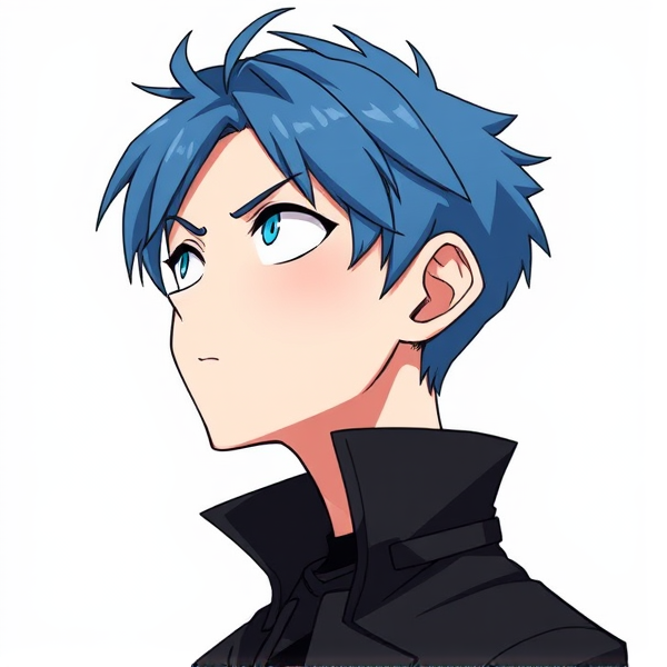 My hero academia villain teen OC. Blue hair. Annoyed all the time. Villain costume is a long black coat with a high collar cross cross harness and black T-shirt. Looking up side view
