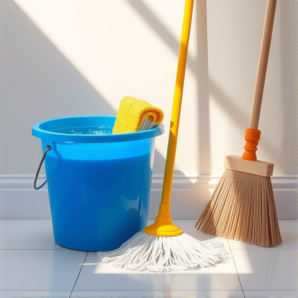 A meticulously arranged cleaning corner in a brightly lit room, featuring a shiny blue bucket filled with crystal-clear water, a neatly folded yellow mop resting beside it, a stiff-bristled scrub brush, and an upright broom with clean, natural straw bristles set against the wall. Soft shadows accentuate the textures of each object and the clean, tiled floor reflects the ambient light