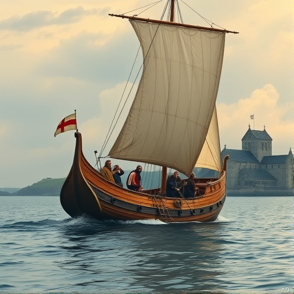 Drakkar viking avec des détails précis de l'époque naviguant en direction de l'abbaye de Lindisfarne, située sur une mer calme, sous un ciel orageux. La voile est gonflées par le vent. L'équipage est composé de Vikings en tenues d'époque, maniant la voiles avec expertise. En arrière-plan, l'abbaye de Lindisfarne se profile, ancrée dans un paysage côtier typique du nord de l'Angleterre durant le Haut Moyen Âge, pour créer une illustration fidèle et saisissante pour la couverture d'un livre historique. Sur l'ère viking