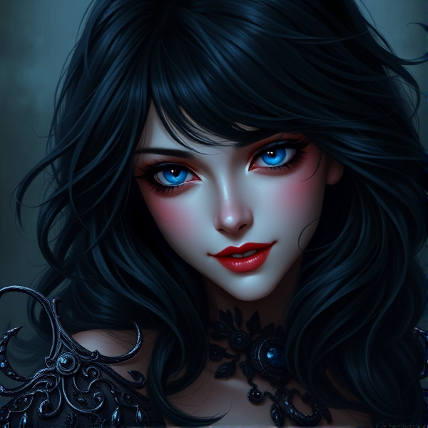 Vampire Katherine Pierce with bright blue eyes and dark black hair but with a happy demeanor full body