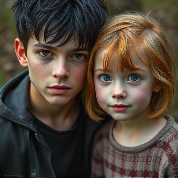 Bad boy with black hair and brown eyes and  a sweet girl with short ginger hair and blue eyes