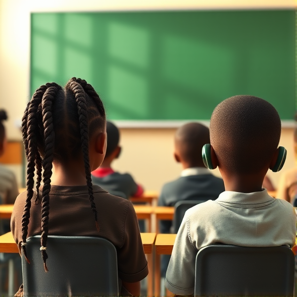 des filles noires de huit ans avec des tresses africaine et des garçons assis dans une classe face au tableau vert
