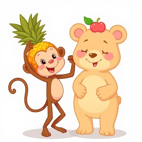 Make an imagen of a pineapple monkey and a Peach bear cartoon