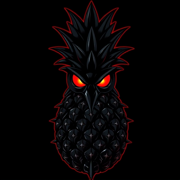 Conception d'un logo raffiné avec un ananas de couleur noire et stylisé, orné de motifs gothiques prononcés pour une ambiance sombre et menaçante. Intégration d'éléments décoratifs inspirés par l'ère victorienne, complétée par des symboles occultes subtils. L'ananas arbore une texture imitant le cuir noir finement travaillé et est embelli avec des épines acérées et pointues. Les yeux de l'ananas dégagent une lumière rouge sang intense évoquant une force sinistre. Le design doit être sophistiqué et mature, empreint d'une touche de mystère victorien et d'occultisme discret.tres coloré, jaune ,orange ,rose