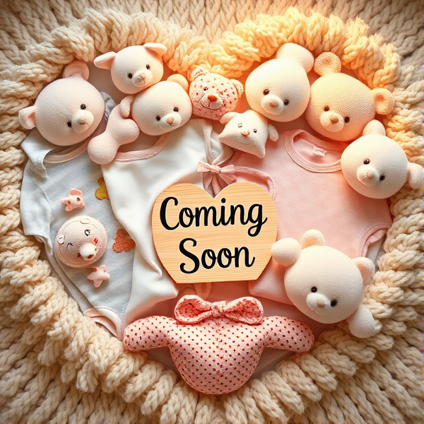 Close-up of a heart-shaped arrangement of various baby garments, such as onesies, bibs, booties, and teddy bears, on a plush woolen blanket. The palette features soft pastel hues adorned with playful patterns like stripes and polka dots. Each piece is embellished with gender-neutral motifs such as animals and clouds. At the heart's center lies a petite wooden placard inscribed with "Coming Soon" in whimsical black script, all set against a warm, softly illuminated backdrop to evoke a sense of comfort and anticipation.