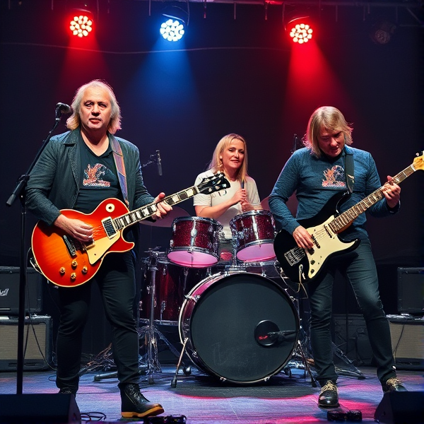 A rock band composed of four crickets with a singer, drummer, les paul electric guitar, and electric bass