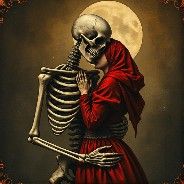 Scène vintage amour gothique sombre squelette et femme en rouge enlacés chef d'oeuvre