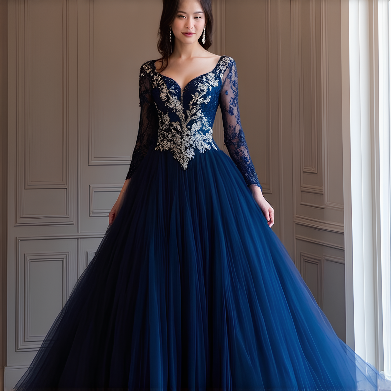 Imaginez une robe féerique inspirée par l'univers du "Prince cruel" de Holly Black. Cette robe est une merveille de légèreté et de sophistication, semblant presque éthérée. Elle est faite de plusieurs couches de tulle translucide qui flottent doucement autour de la silhouette de celle qui la porte, comme une brume enchanteresse. La couleur principale de la robe est un bleu nuit profond, parsemé de paillettes argentées qui scintillent comme des étoiles dans le ciel nocturne.

Le corsage ajusté est orné de délicates broderies d'argent représentant des motifs de feuilles et de vignes entrelacées, rappelant les forêts enchantées. Des cristaux et des perles fines sont habilement incrustés, ajoutant une touche de magie et de mystère. Les manches sont longues et vaporeuses, terminées par des poignets délicatement brodés.

La jupe, ample et fluide, semble capturer la lumière de la lune à chaque mouvement. Elle est ornée de délicates broderies et de petites fleurs en tissu qui semblent s'épanouir au gré des mouvements. Chaque pas fait virevolter les couches de tulle, créant une danse de lumière et d'ombre.

Enfin, un léger voile de dentelle couvre les épaules, ajoutant une touche finale de grâce et de mystère. Cette robe semble avoir été tissée par les mains mêmes des fées, parfaite pour une héroïne audacieuse et élégante dans un monde où la magie et la dangerosité cohabitent.