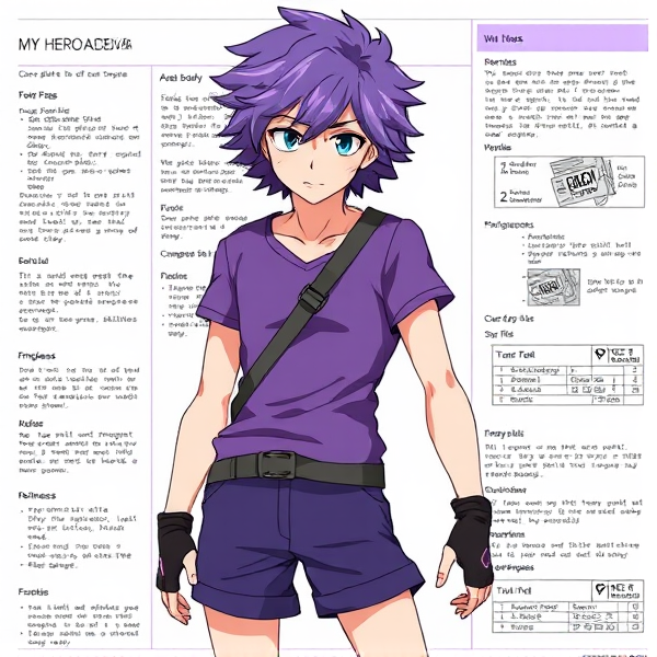 My hero academia oc. Purple fluffy hair. Lose Purple T-shirt. Shorts. Full body reference sheet. Body Harness. Fingerless gloves.