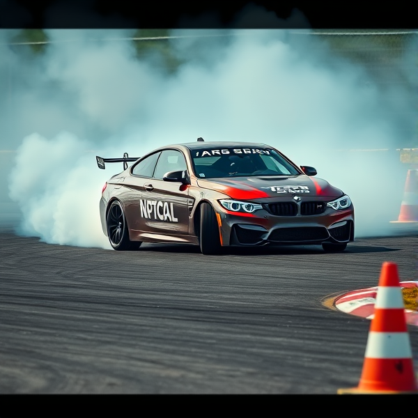 BMW M4 in a dynamic drift on an asphalt track with billowing tire smoke, aggressive stance, high speed action captured, detailed car livery showcasing sponsor logos, racing environment with trackside details like barriers and cones