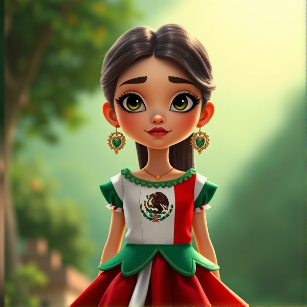 Muñeca con vestido verde blanco y rojo y en el centro el símbolo de la bandera de México y cabello largo animado Pixar