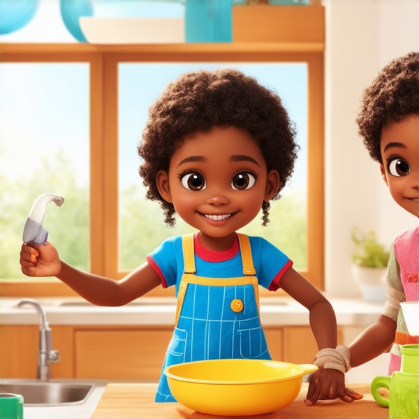 deux adolescents noirs de 14 ans vêtus de vêtements décontractés effectuant avec entrain des tâches ménagères dans une cuisine lumineuse et propre, leur petite sœur noire de 7 ans les aidant joyeusement à ranger la vaisselle propre sur les étagères, fenêtre ouverte laissant entrer la lumière du jour