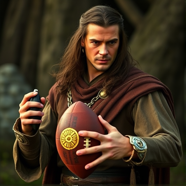 Lord of the rings character elrond holding a football